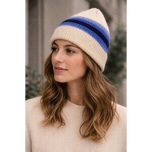 Vintage Cevas Pure New Wool Knit Beanie Hat Blue Stripe Made in Hong Kong